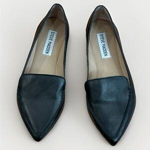 Steve Madden Black Feather Loafers Leather Flats Size 5 5W Shoes